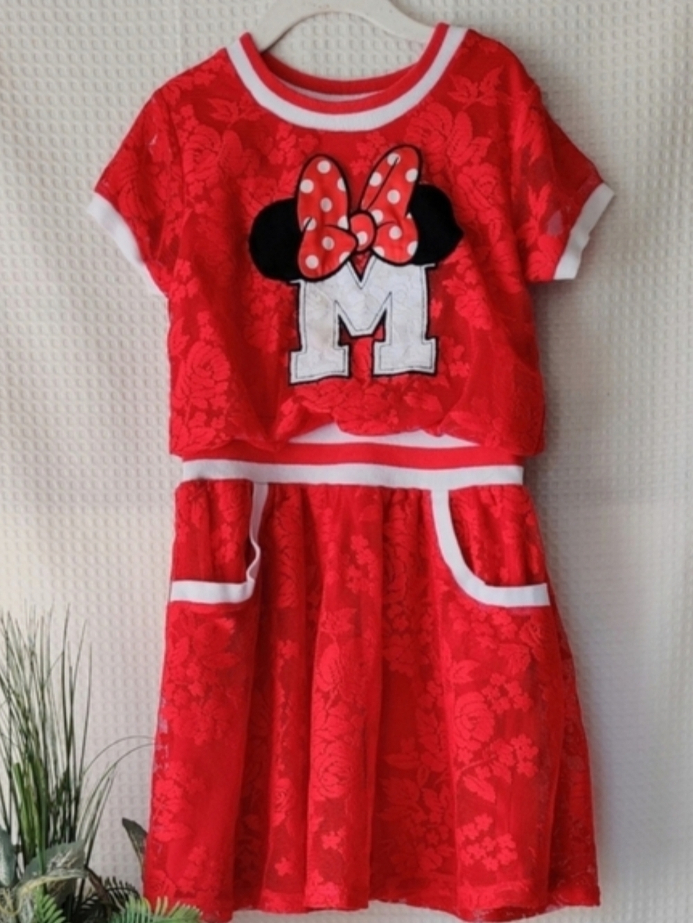 Girls Red Minnie Mouse Lace Dress with Bow AccenDisney Junior Minnie Mouse Littt
